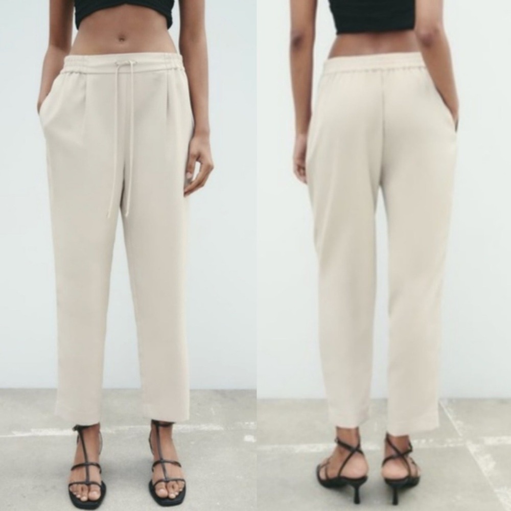 ZARA Flowy Ankle Pants Drawstring Tapered Leg Relaxed Fit‎ Cream/Ivory Size L